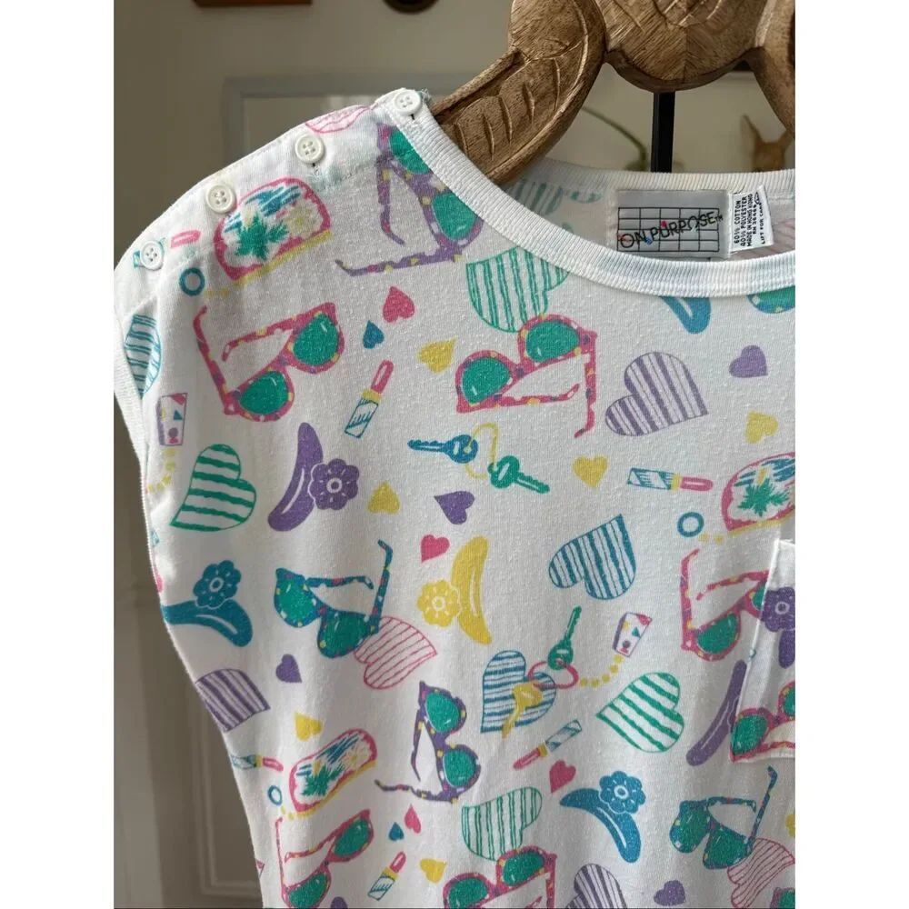 Vintage 80s 90s Tshirt Material Romper Summer Novelty Print L